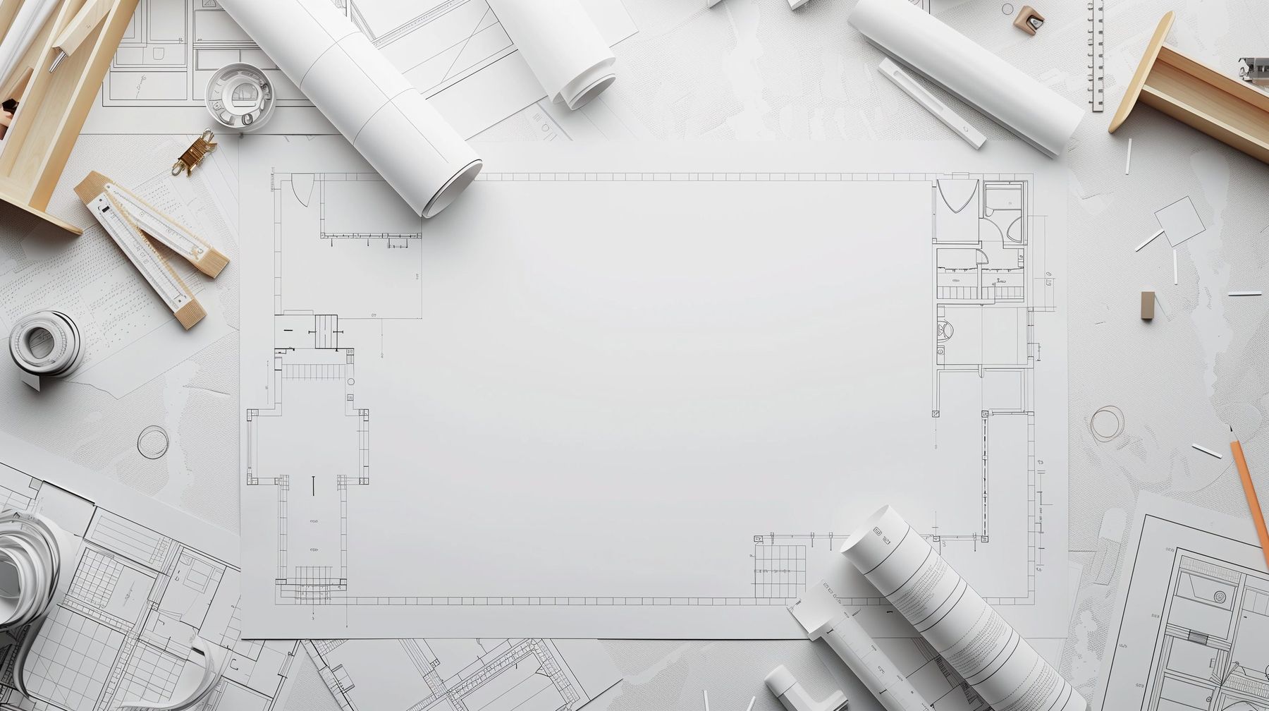Plans d'architecte déroulés sur une table, entourés d'outils de dessin technique